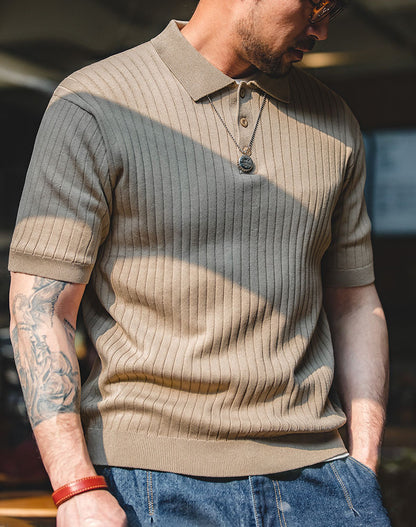 American Retro Knitted Polo Slim Lapel Men's T-Shirt