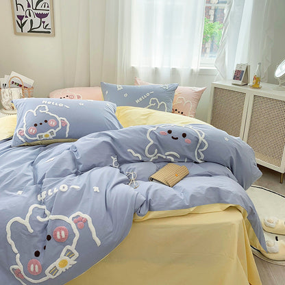 Cute Bunny Cotton Washed Cotton Four-Piece Cartoon Bed Set - Harmony Gallery