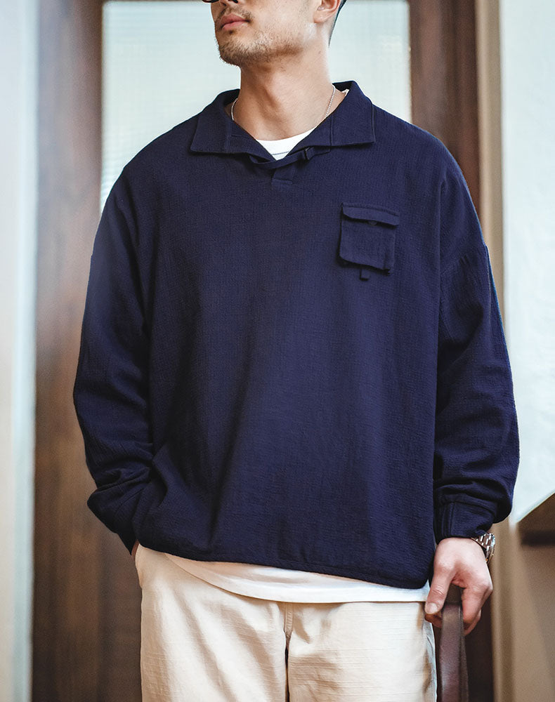 Retro Texture Polo Silhouette Loose Cotton Lapel Men's Sweater - Harmony Gallery