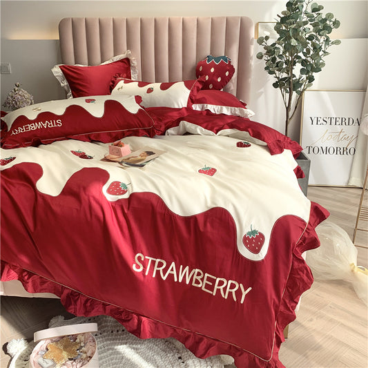 Cream Strawberry Pure Cotton Seven-Piece Ruffled Bed Set