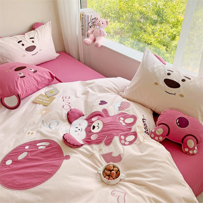 Cute Hot Air Balloon Strawberry Bear Cotton Four-Piece Bed Set