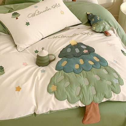 Tree & Stars Embroidery Seven-Piece Soft Cotton Bed Set - Harmony Gallery