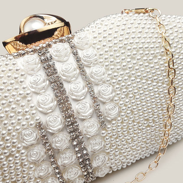 High-End Diamond Rose Pearl Chain Niche Design Clutch Bag