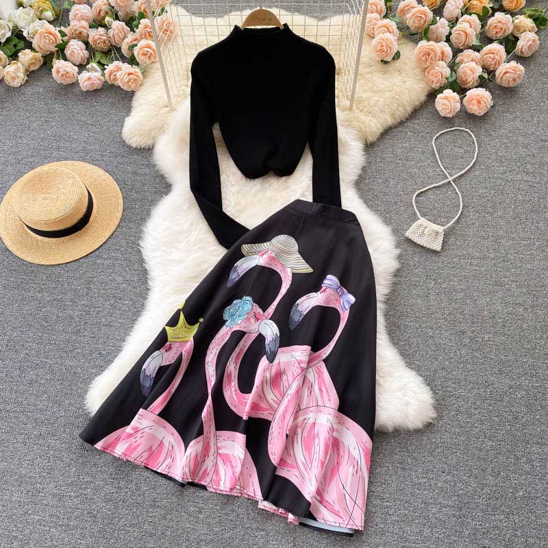Black Swan Knitted Versatile Printed Skirt Women's Suit