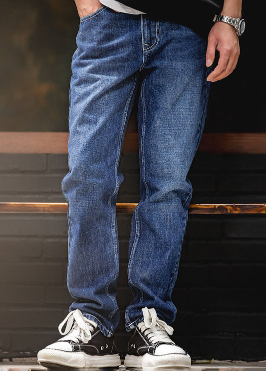 American Retro Heavy Button Denim Washed Straight Men's Jeans