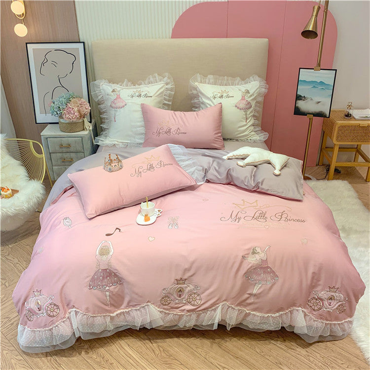 Princess Four-Piece Cotton Ballet Girl Embroidery Bed Set - Harmony Gallery
