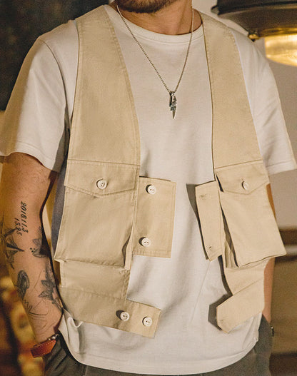 Retro Casual Sleeveless Vest Pocket Layered Men's Waistcoat Bag