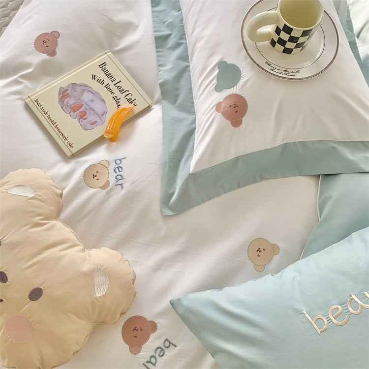Cute Bow Bear Washed Cotton Five-Piece Cartoon Bed Set - Harmony Gallery