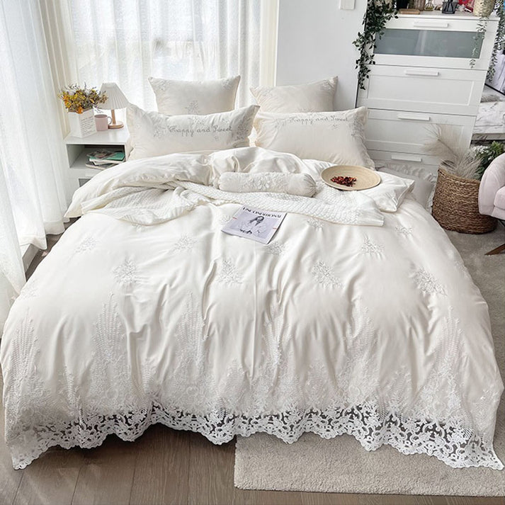 Soft Cotton Quilt Set Bed Skirt Four-piece Lace Quilt Cover Solid Color Princess