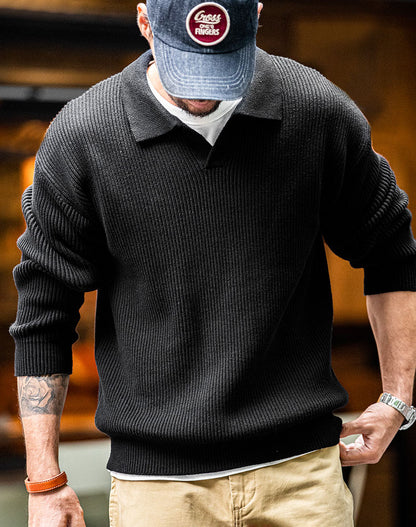 American Lapel Polo Loose Pullover Knitted Men's Sweater