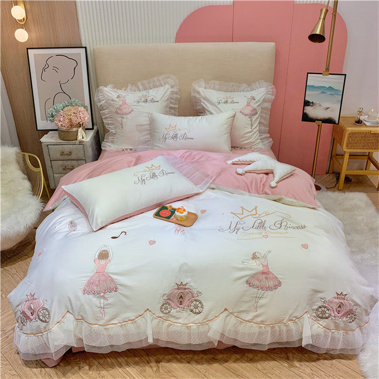 Princess Four-Piece Cotton Ballet Girl Embroidery Bed Set - Harmony Gallery