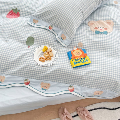 Cute Strawberry Bear Washed Cotton Four-Piece Bed Set