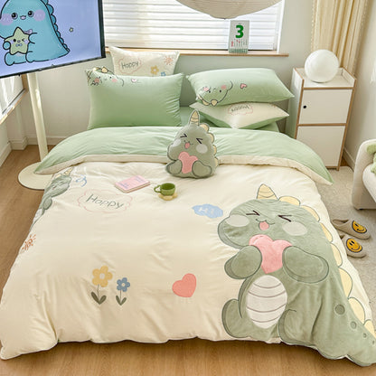 Little Dinosaur Washed Cotton Embroidery Four-Piece Bed Set