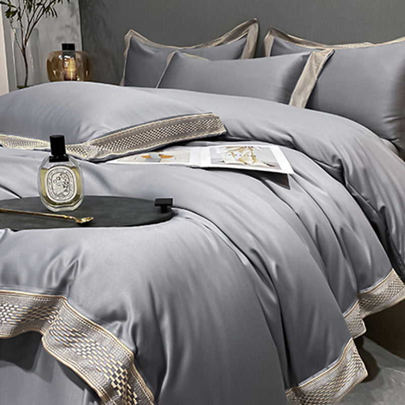 Luxury Simple Ice Silk Embroidery Pure Cotton Four-Piece Bed Set - Harmony Gallery