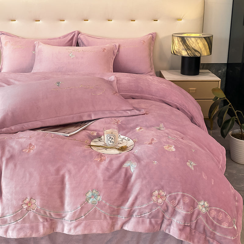Four-Piece Warm Velvet Embroidery Plush Winter Bed Set