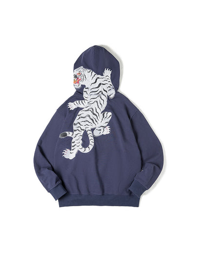 Retro Tiger Embroidery Heavy Hooded Pullover Men's Sweater