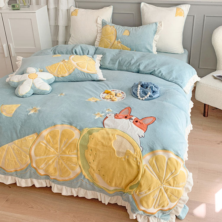 Lemon French Dog Cartoon Velvet Four-Piece Winter Bed Set - Harmony Gallery