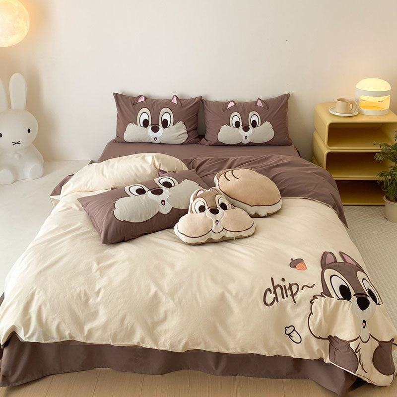 Little Girl Squirrel Cute Cartoon Washed Four-Piece Bed Set - Harmony Gallery