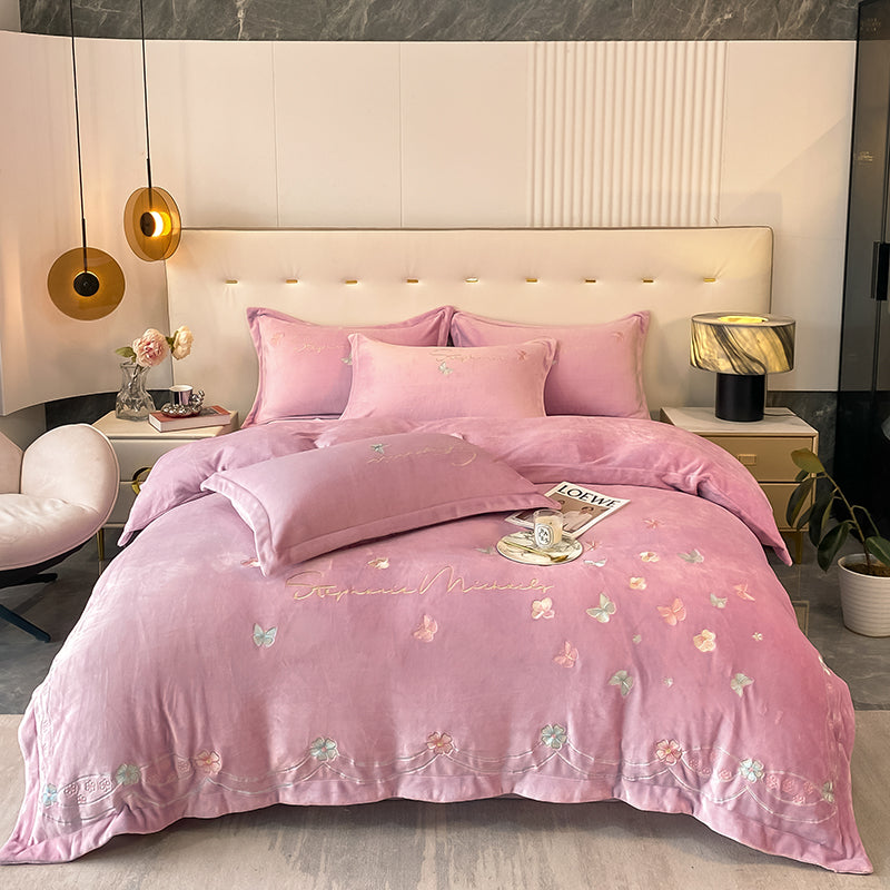Four-Piece Warm Velvet Embroidery Plush Winter Bed Set - Harmony Gallery