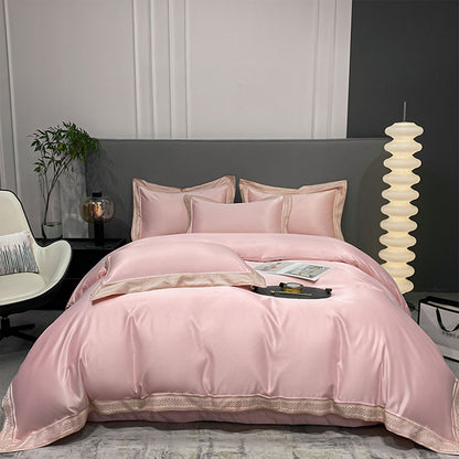 Luxury Simple Ice Silk Embroidery Pure Cotton Four-Piece Bed Set