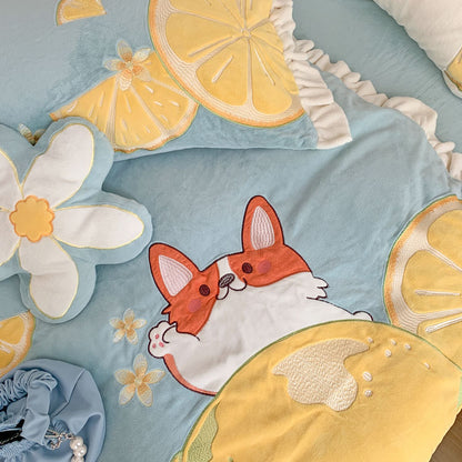 Lemon French Dog Cartoon Velvet Four-Piece Winter Bed Set