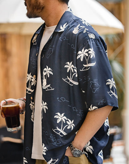 American Bar Collar Coconut Hawaiian Seaside Print Men's Shirt
