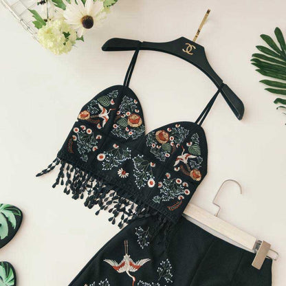 Fashion Embroidered Flower Suspender Two Piece Suit - Harmony Gallery