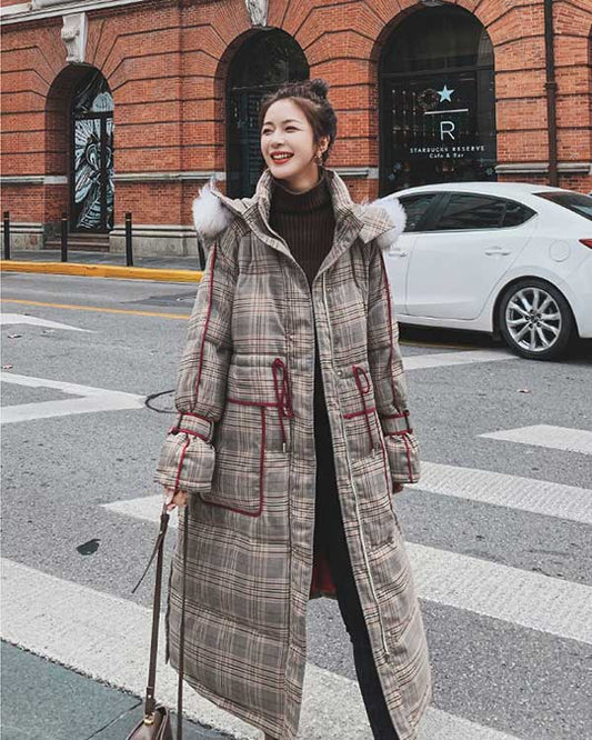 Plaid Mid-Length Quilted Padded Puffer Winter Women's Coat - Harmony Gallery