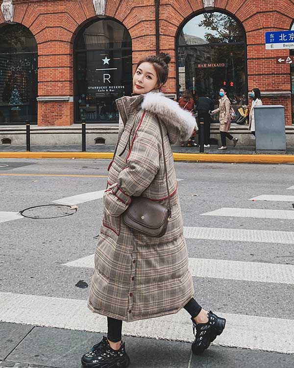 Plaid Mid-Length Quilted Padded Puffer Winter Women's Coat