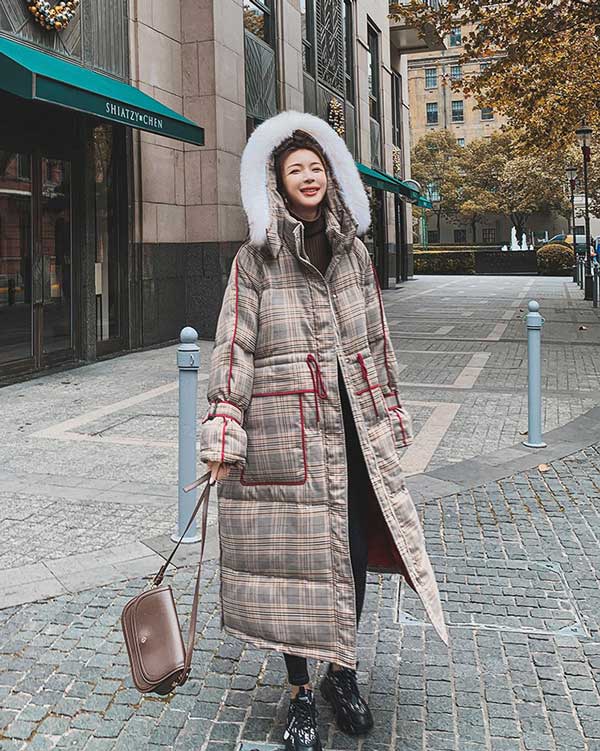Plaid Mid-Length Quilted Padded Puffer Winter Women's Coat - Harmony Gallery