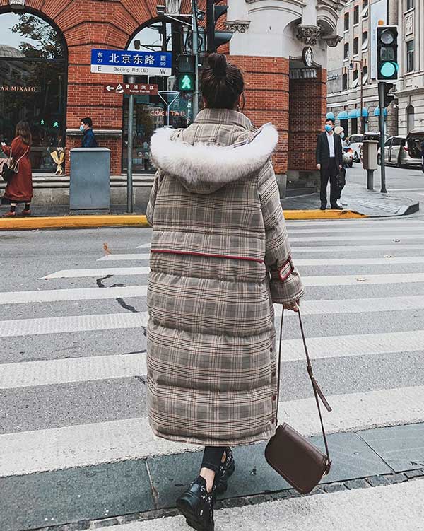 Plaid Mid-Length Quilted Padded Puffer Winter Women's Coat